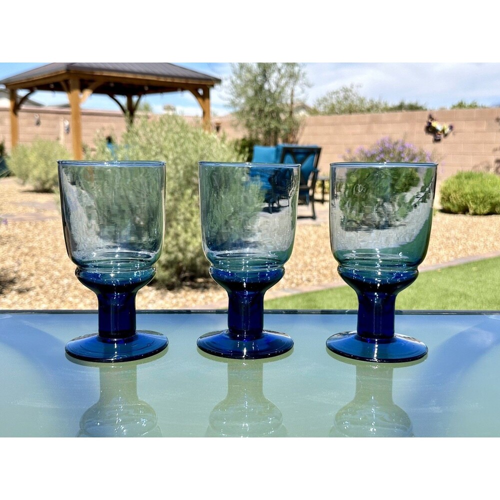 3 VTG Glass Goblets w Smoky Blue Bowl and Contrasting Cobalt Chunky Stemmed Base